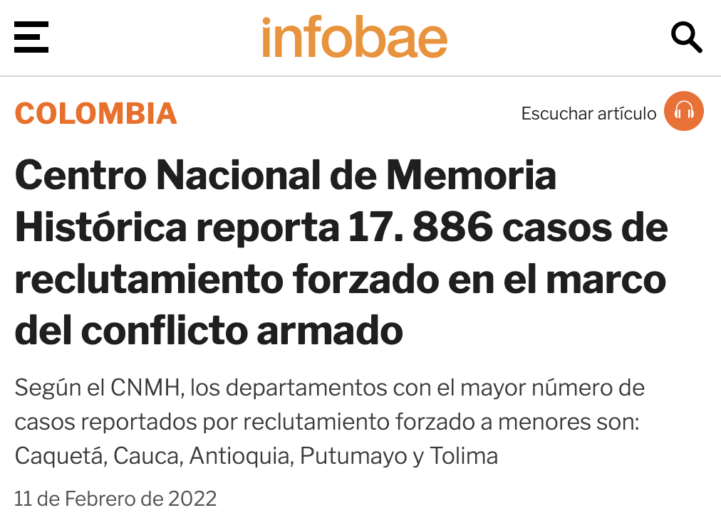 Centro Nacional de Memoria Histórica reporta 17. 886 casos de reclutamiento forzado en el marco del conflicto armado